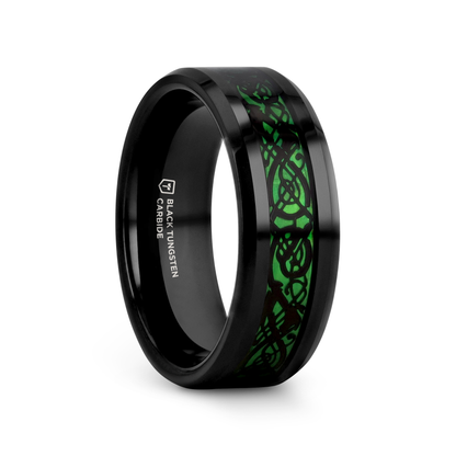 ALLURE Black Dragon Design With Green Background Inlaid Black Tungsten Men's Ring With Clear Coating And Beveled Edge - 8mm
