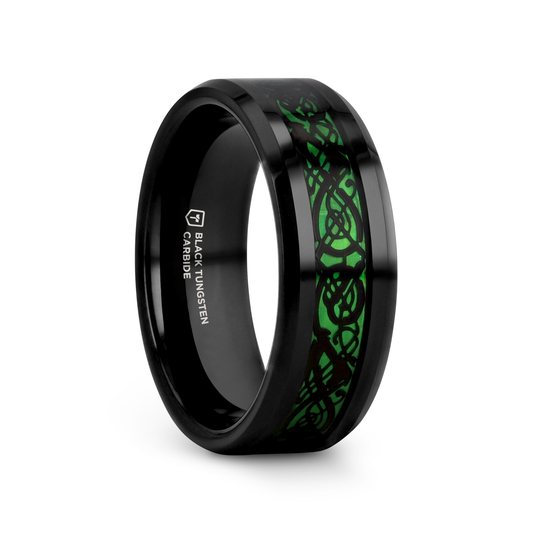 ALLURE Black Dragon Design With Green Background Inlaid Black Tungsten Men's Ring With Clear Coating And Beveled Edge - 8mm