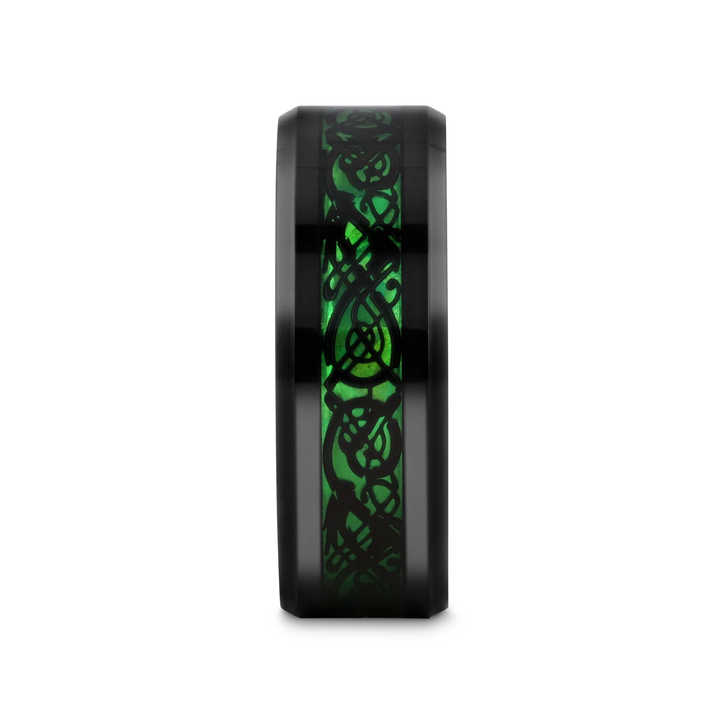 ALLURE Black Dragon Design With Green Background Inlaid Black Tungsten Men's Ring With Clear Coating And Beveled Edge - 8mm
