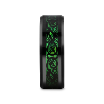 ALLURE Black Dragon Design With Green Background Inlaid Black Tungsten Men's Ring With Clear Coating And Beveled Edge - 8mm