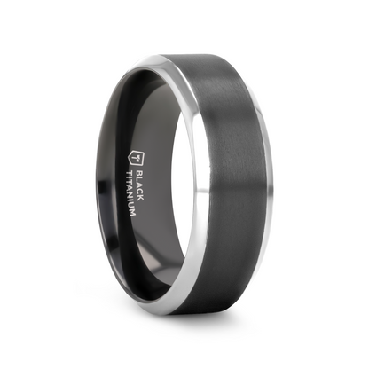ATNOS Brushed Black Center Polished Beveled Edges Men’s Titanium Wedding Ring - 6mm & 8mm