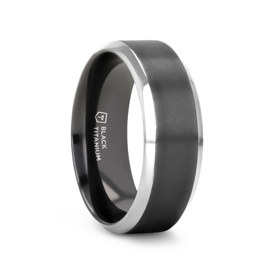 ATNOS Brushed Black Center Polished Beveled Edges Men’s Titanium Wedding Ring - 6mm & 8mm