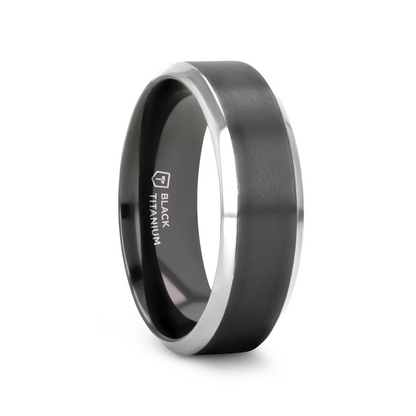 ATNOS Brushed Black Center Polished Beveled Edges Men’s Titanium Wedding Ring - 6mm & 8mm