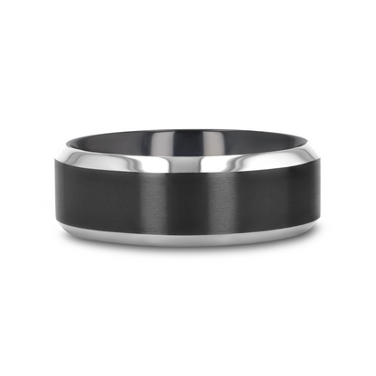 ATNOS Brushed Black Center Polished Beveled Edges Men’s Titanium Wedding Ring - 6mm & 8mm
