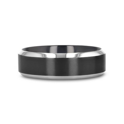 ATNOS Brushed Black Center Polished Beveled Edges Men’s Titanium Wedding Ring - 6mm & 8mm