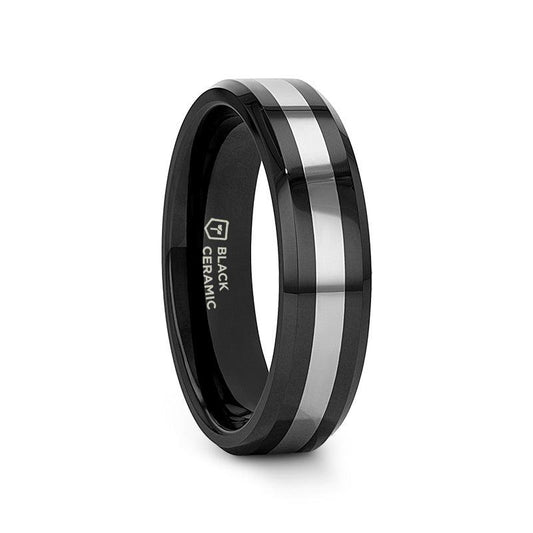 ASTADI Polished Black Beveled Ceramic Ring with Tungsten Inlay - 6mm (Limited Stock)