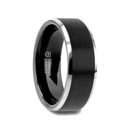 ASTON Black Brushed Center Tungsten Ring with Polished Beveled Edges - 8mm - 10mm