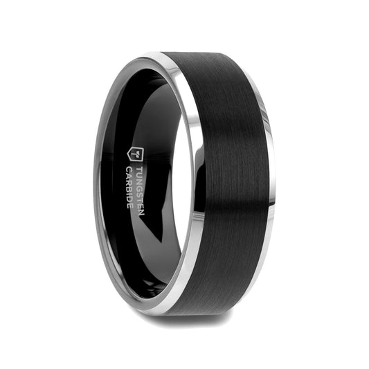 ASTON Black Brushed Center Tungsten Ring with Polished Beveled Edges - 8mm - 10mm