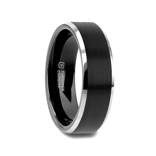 ASTON Black Brushed Center Tungsten Ring with Polished Beveled Edges - 4mm - 6mm