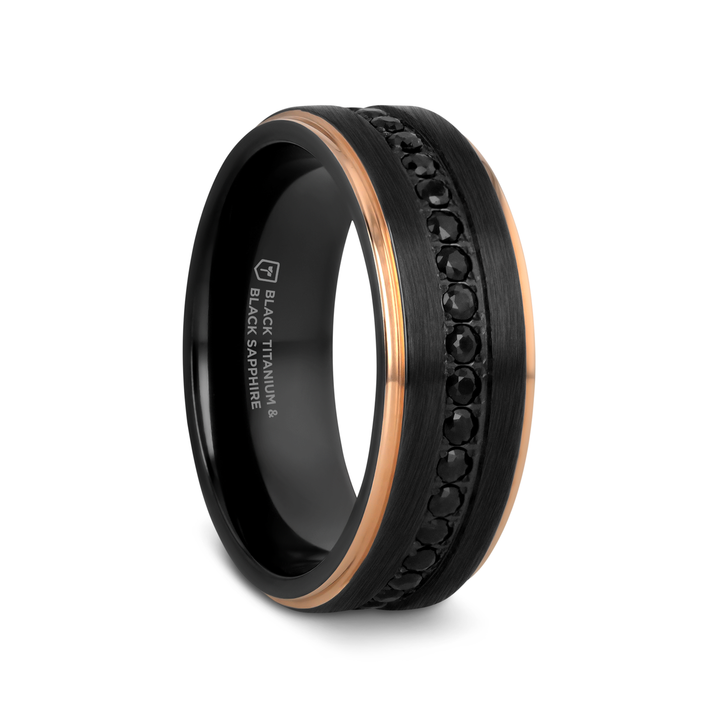 ASTRO Flat Brushed Black Titanium Ring with Rose Gold Plated Edge and Black Sapphire Settings All Around - 8mm