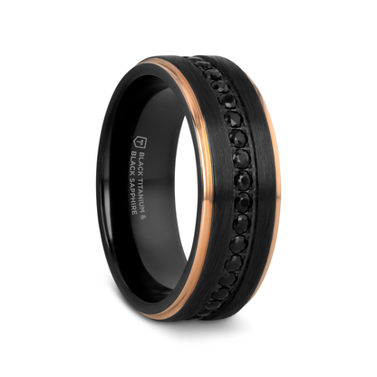 ASTRO Flat Brushed Black Titanium Ring with Rose Gold Plated Edge and Black Sapphire Settings All Around - 8mm