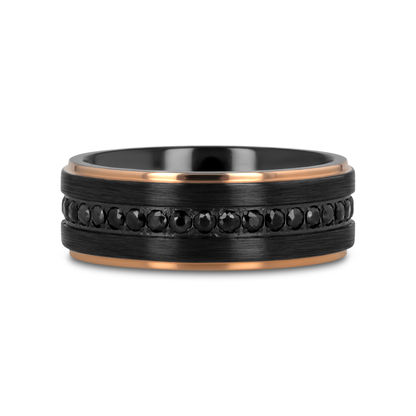 ASTRO Flat Brushed Black Titanium Ring with Rose Gold Plated Edge and Black Sapphire Settings All Around - 8mm