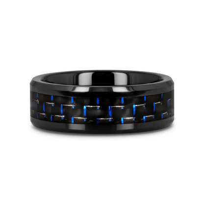 AVITUS Black Beveled Ceramic Ring with Blue & Black Carbon Fiber Inlay - 4mm - 10mm