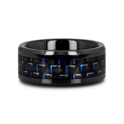 AVITUS Black Beveled Ceramic Ring with Blue & Black Carbon Fiber Inlay - 4mm - 10mm