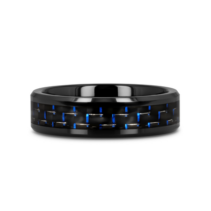 AVITUS Black Beveled Ceramic Ring with Blue & Black Carbon Fiber Inlay - 4mm - 10mm