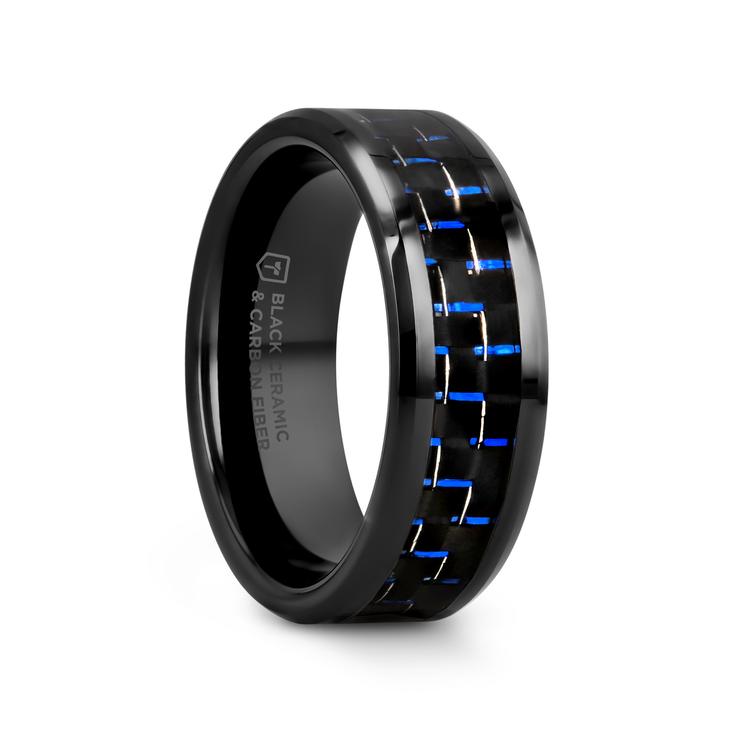 AVITUS Black Beveled Ceramic Ring with Blue & Black Carbon Fiber Inlay - 4mm - 10mm