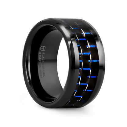 AVITUS Black Beveled Ceramic Ring with Blue & Black Carbon Fiber Inlay - 4mm - 10mm