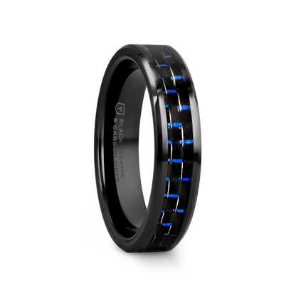 AVITUS Black Beveled Ceramic Ring with Blue & Black Carbon Fiber Inlay - 4mm - 10mm