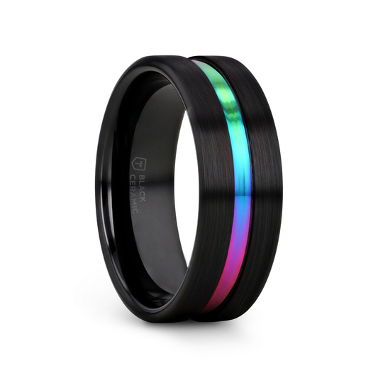 AZURE Flat Black Ceramic Ring Brushed with Rainbow Groove - 4mm - 8mm