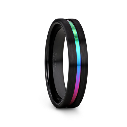 AZURE Flat Black Ceramic Ring Brushed with Rainbow Groove - 4mm - 8mm