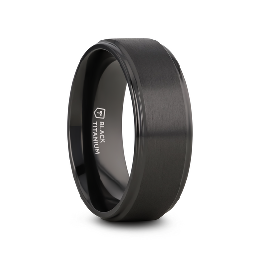 BABYLON Flat Black Titanium Ring with Brushed Raised Center & Polished Edges - 8mm