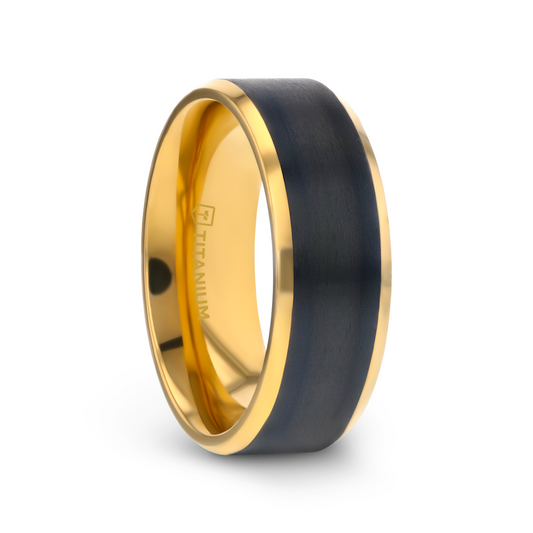 BEAUMONT Gold Plated Titanium Polished Beveled Ring with Brushed Black Center - 8mm
