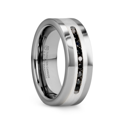 BLACKSTONE Flat Tungsten Wedding Band with Brushed Silver Inlay Center and 9 Channel Set Black Diamonds - 8mm