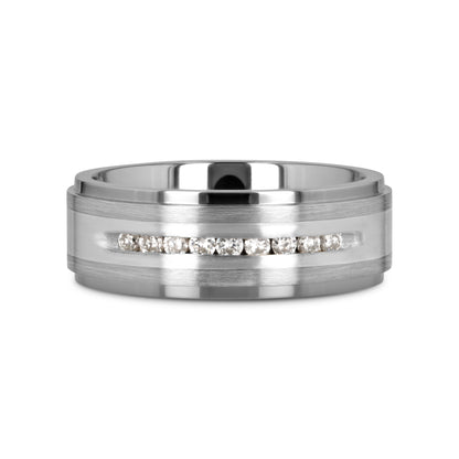 BOND Flat Brushed Silver Inlaid Titanium Men's Wedding Band With 9 Channel Set White Diamonds - 8mm