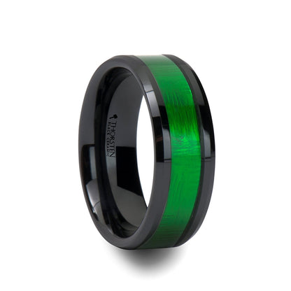 IRVING Beveled Black Ceramic Ring with Textured Green Inlay - 8mm