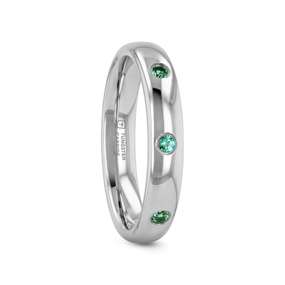 CHLOE Polished and Domed Tungsten Carbide Wedding Ring with 3 Green Emeralds Setting - 4mm