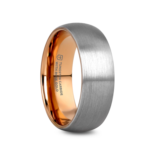 CAMERON Domed Brushed Finish Tungsten Carbide Men's Wedding Band With Rose Gold Ion Plating Interior - 8mm