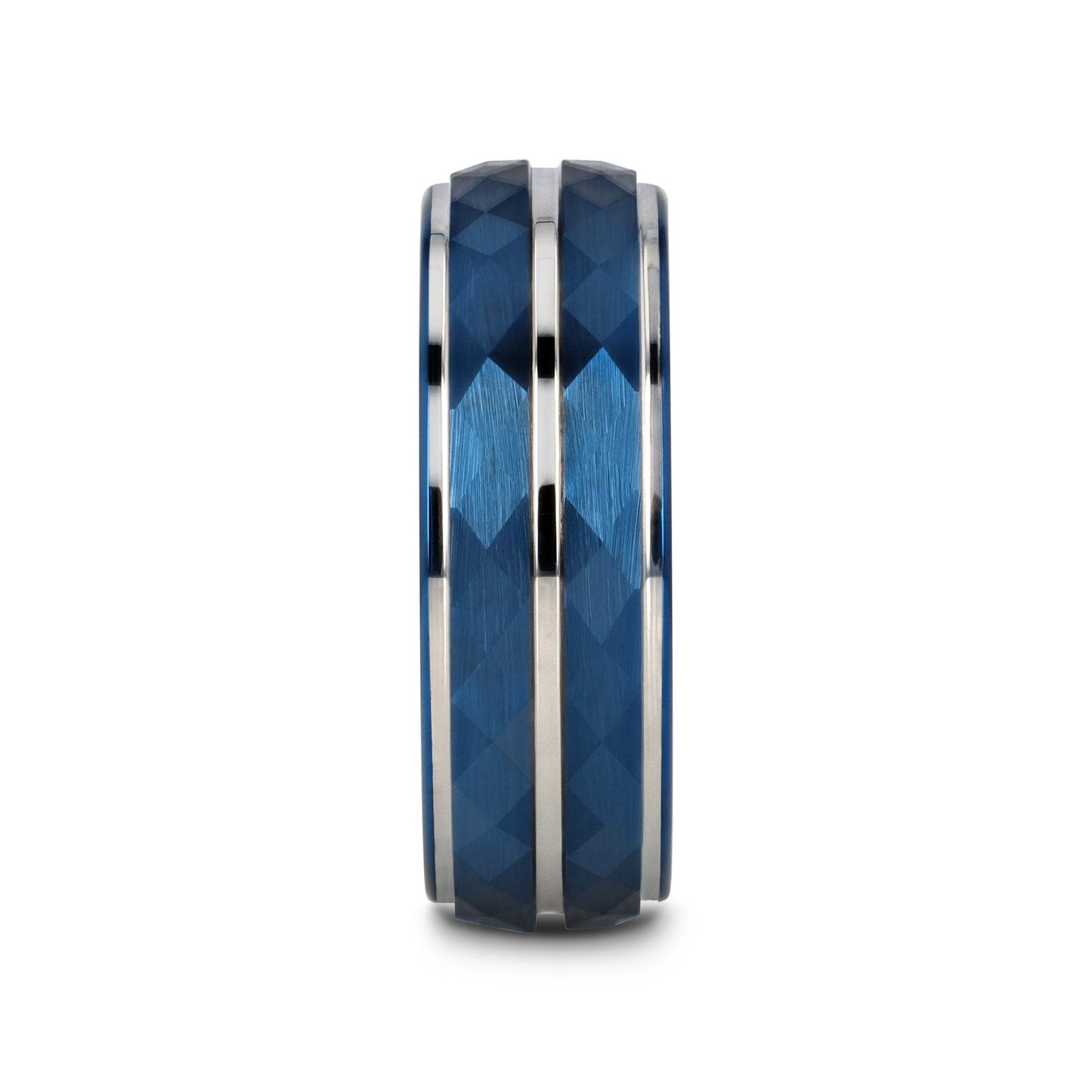 CARMEL Blue Ion Plated Tungsten Carbide Men's Ring With Faceted Center And Stepped Edges - 8mm