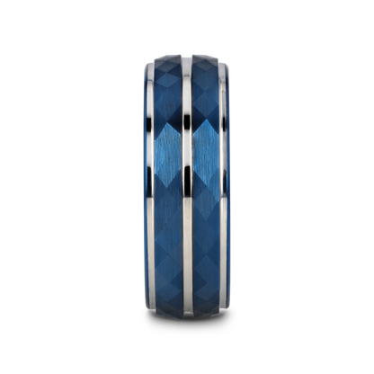 CARMEL Blue Ion Plated Tungsten Carbide Men's Ring With Faceted Center And Stepped Edges - 8mm