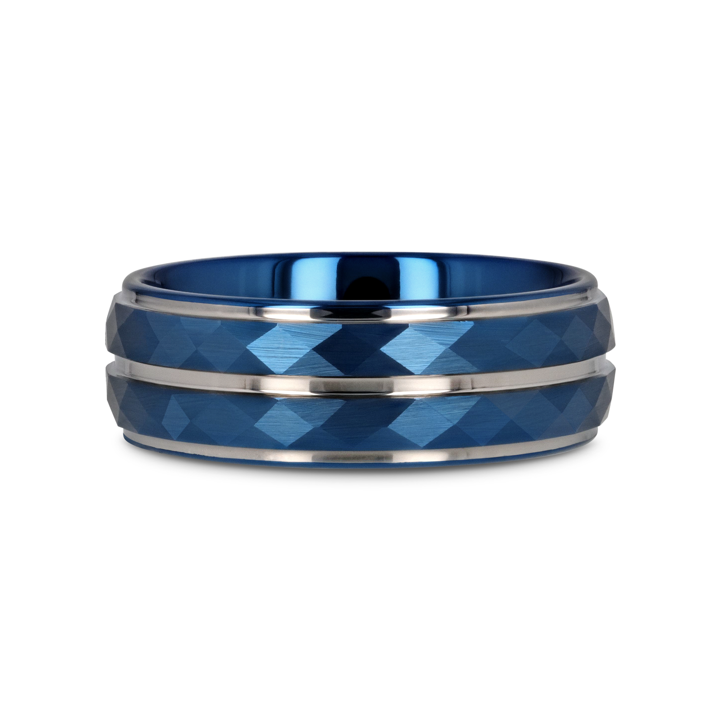 CARMEL Blue Ion Plated Tungsten Carbide Men's Ring With Faceted Center And Stepped Edges - 8mm