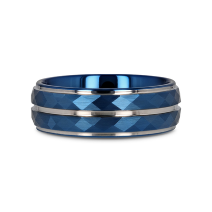 CARMEL Blue Ion Plated Tungsten Carbide Men's Ring With Faceted Center And Stepped Edges - 8mm