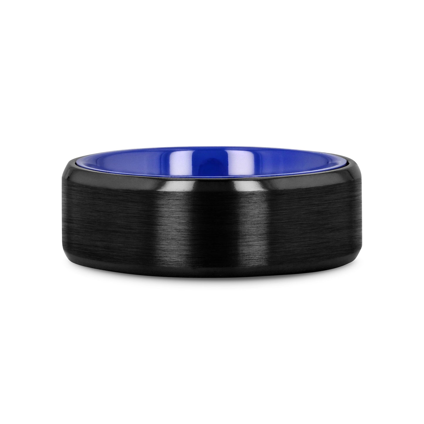 CASTOR Beveled Edges Black Titanium Ring with Brushed Center and Vibrant Blue Inside - 8mm