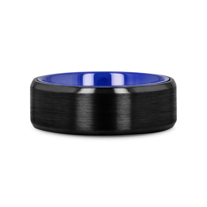 CASTOR Beveled Edges Black Titanium Ring with Brushed Center and Vibrant Blue Inside - 8mm