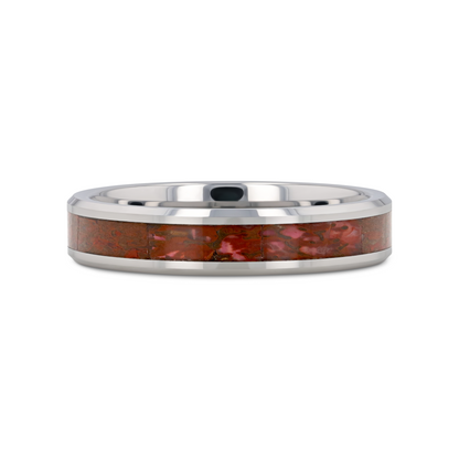 JURASSIC Red Dinosaur Bone Inlaid Tungsten Carbide Beveled Edged Ring - 4mm & 8mm