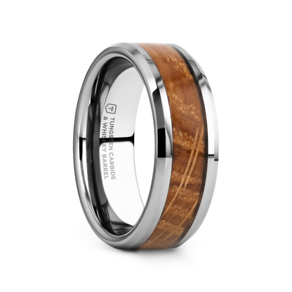 DISTILLED Whiskey Barrel Inlaid Tungsten Men's Wedding Band With Beveled Polished Edges Made From Genuine Whiskey Barrels - 8mm