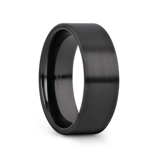 DRAKON Flat Pipe Cut Brush Finished Black Ceramic Wedding Band - 8mm - 12mm