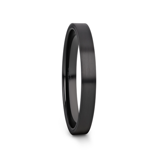 DRAKON Flat Pipe Cut Brush Finished Black Ceramic Wedding Band - 2mm - 6mm