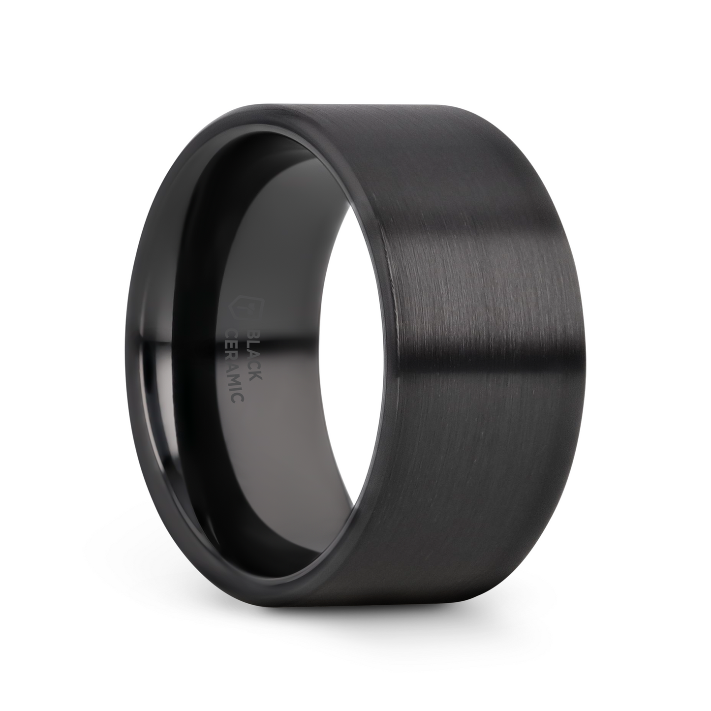 DRAKON Flat Pipe Cut Brush Finished Black Ceramic Wedding Band - 8mm - 12mm