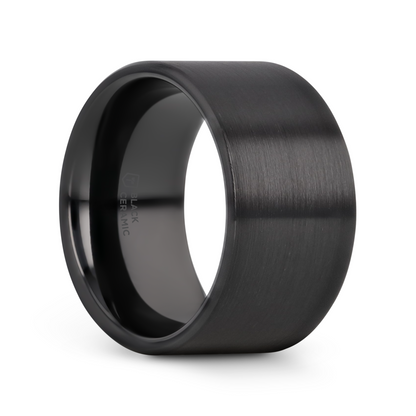DRAKON Flat Pipe Cut Brush Finished Black Ceramic Wedding Band - 8mm - 12mm