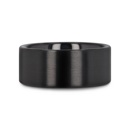 DRAKON Flat Pipe Cut Brush Finished Black Ceramic Wedding Band - 8mm - 12mm