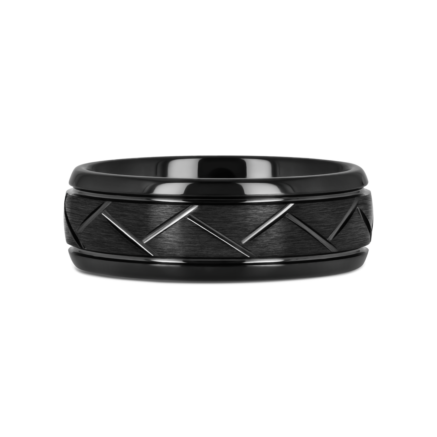 ENIGMA Domed Black Tungsten Ring with Brushed Cross Alternating Diagonal Cuts Pattern - 8mm