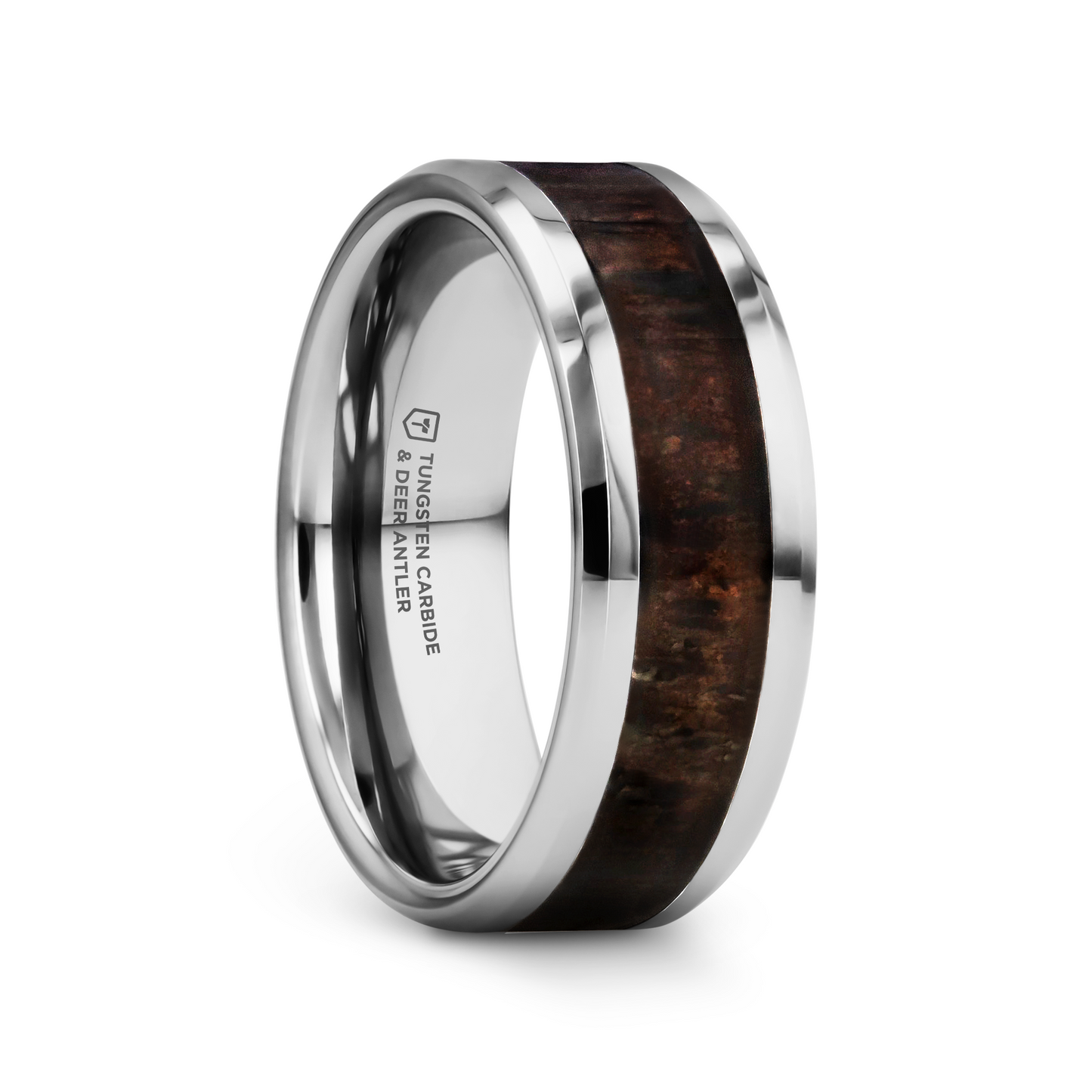 FAWN Beveled Tungsten Carbide Polished Men's Wedding Band with Dark Antler Inlay - 8mm
