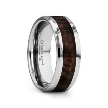 FAWN Beveled Tungsten Carbide Polished Men's Wedding Band with Dark Antler Inlay - 8mm