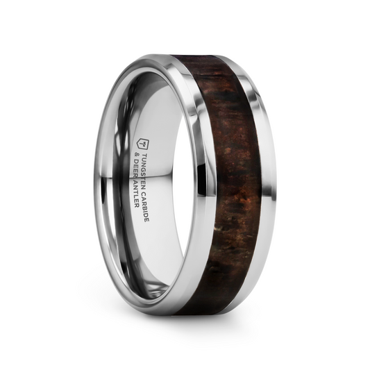 FAWN Beveled Tungsten Carbide Polished Men's Wedding Band with Dark Antler Inlay - 8mm