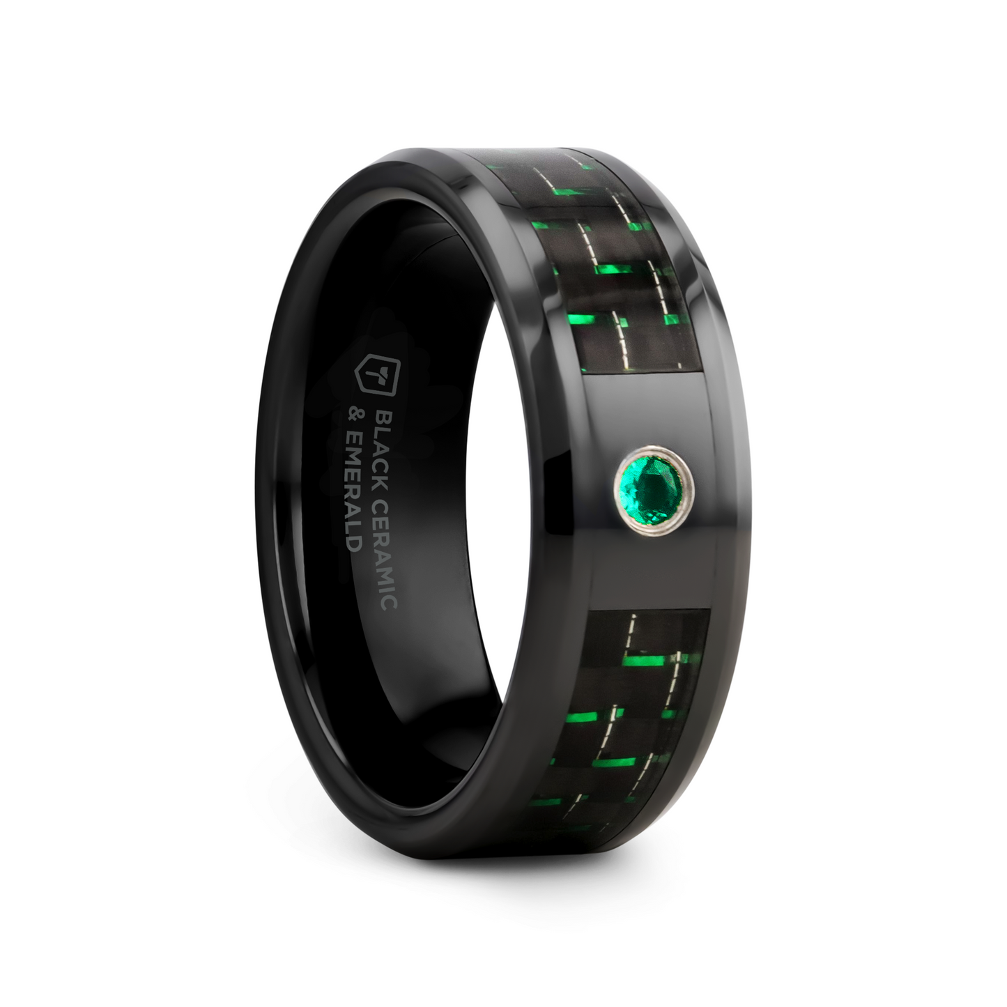 HADAR Black Ceramic Ring with Black and Green Carbon Fiber and Green Emerald Setting - 8mm