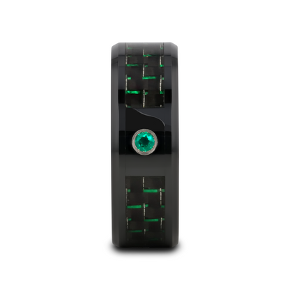 HADAR Black Ceramic Ring with Black and Green Carbon Fiber and Green Emerald Setting - 8mm